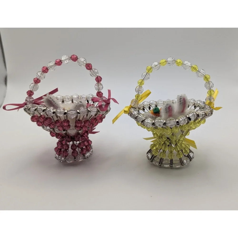 Vintage Handmade Safety Pin Beaded Easter Basket Bunny Set‎ Pink Yellow 2pc